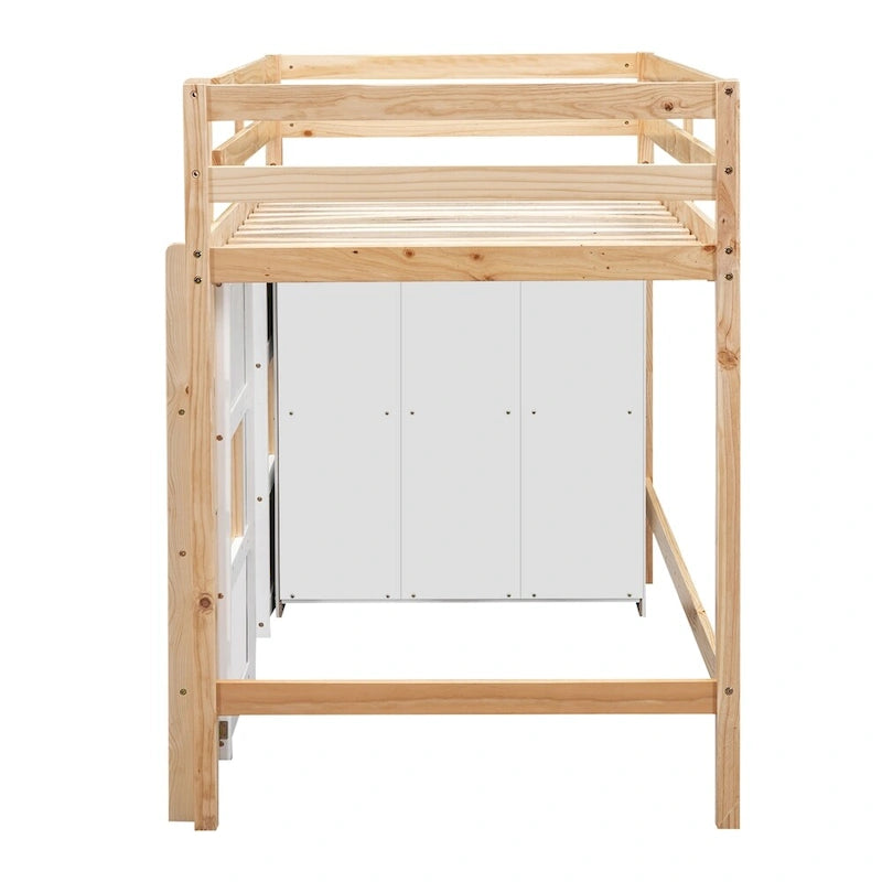 Twin Size Wood Loft Bed with Built-in Storage Wardrobe and Guardrails