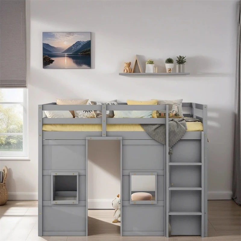 Twin Size Wood Loft Bed with Built-in Storage Wardrobe and Guardrails