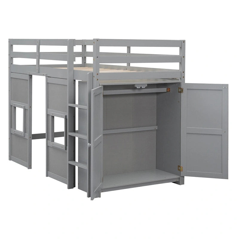 Twin Size Wood Loft Bed with Built-in Storage Wardrobe and Guardrails