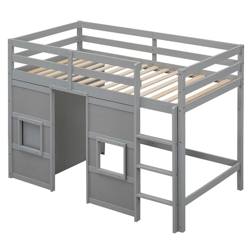 Twin Size Wood Loft Bed with Built-in Storage Wardrobe and Guardrails