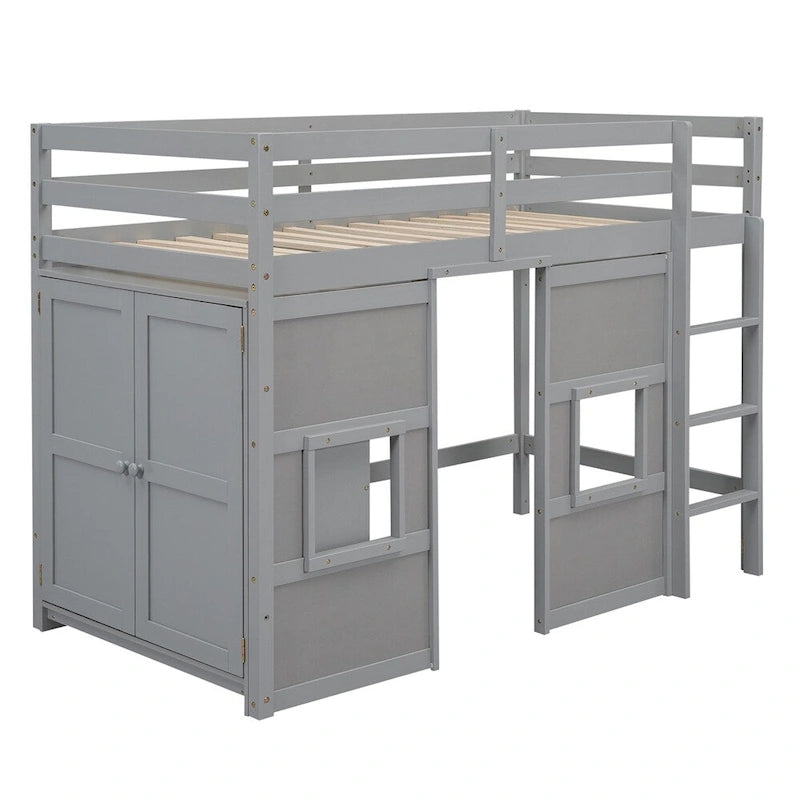 Twin Size Wood Loft Bed with Built-in Storage Wardrobe and Guardrails