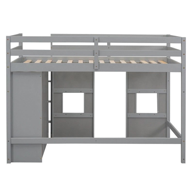 Twin Size Wood Loft Bed with Built-in Storage Wardrobe and Guardrails