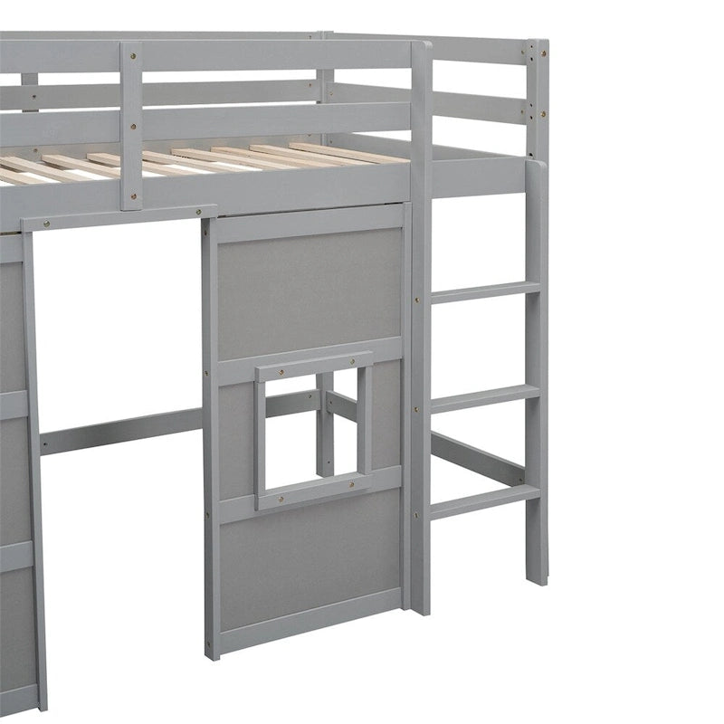 Twin Size Wood Loft Bed with Built-in Storage Wardrobe and Guardrails