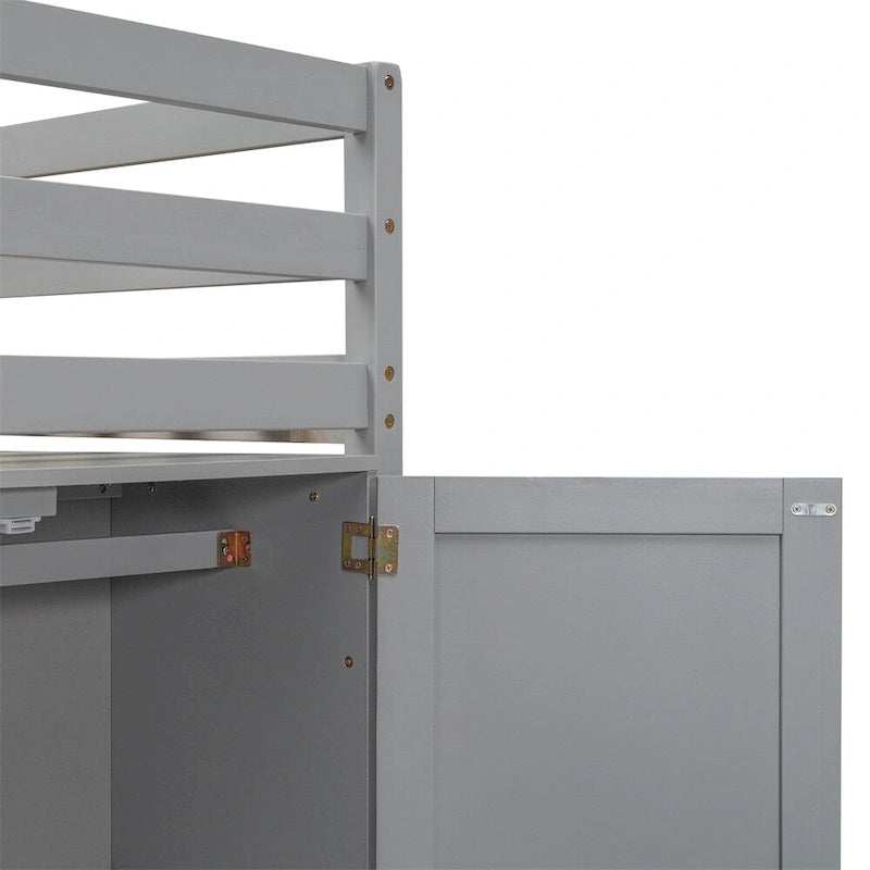 Twin Size Wood Loft Bed with Built-in Storage Wardrobe and Guardrails