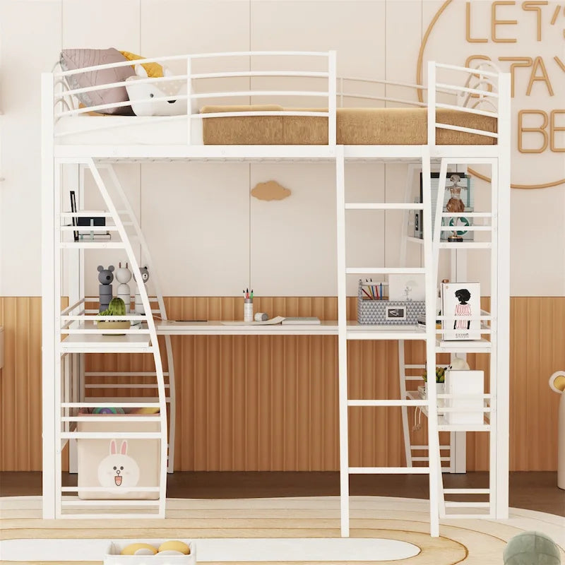 Full Size Loft Bed with 4 Layers of Shelves and L Shaped Desk