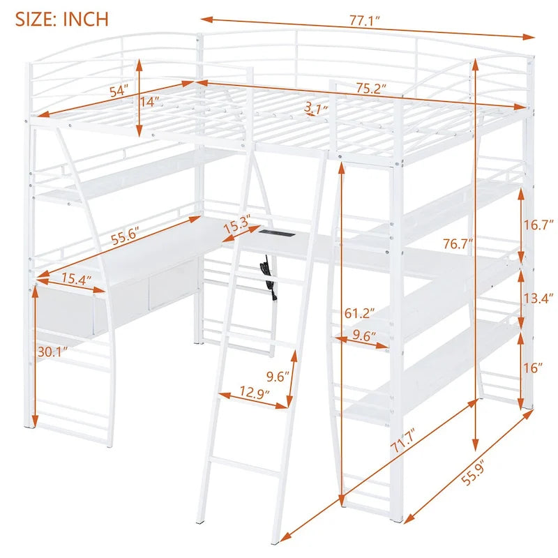 Full Size Loft Bed with 4 Layers of Shelves and L Shaped Desk