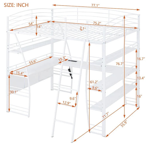 Full Size Loft Bed with 4 Layers of Shelves and L Shaped Desk