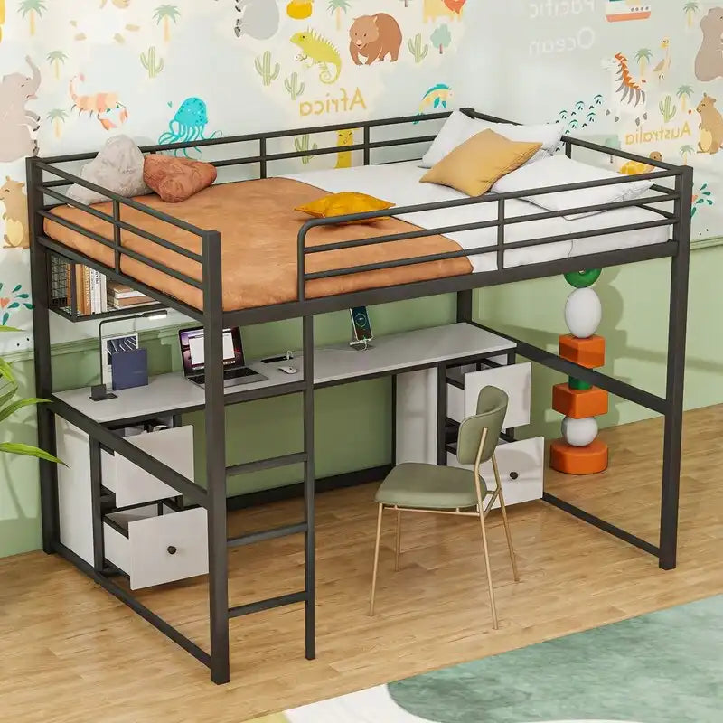 Metal Full Size Loft Bed with Desk, Drawers and Bedside Tray, Charging Station