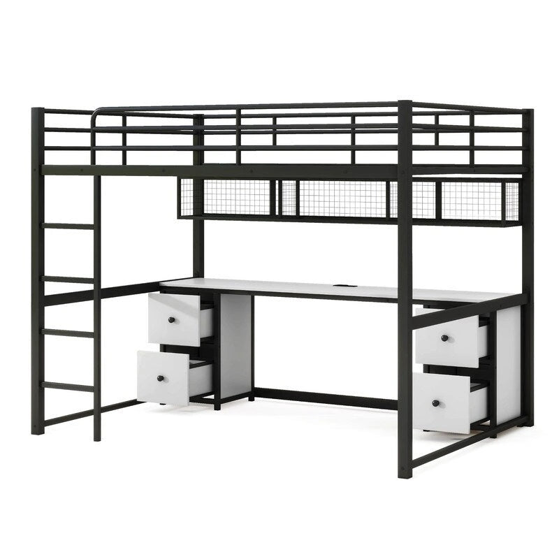 Metal Full Size Loft Bed with Desk, Drawers and Bedside Tray, Charging Station