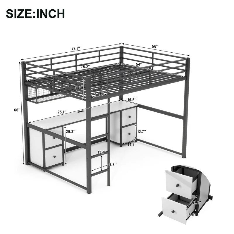 Metal Full Size Loft Bed with Desk, Drawers and Bedside Tray, Charging Station