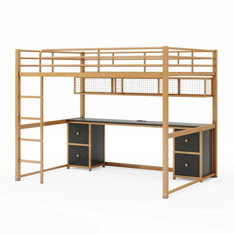 Metal Full Size Loft Bed with Desk, Drawers and Bedside Tray, Charging Station