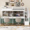 Twin Size Loft Bed with Storage Staircase, Double Desks and Shelves