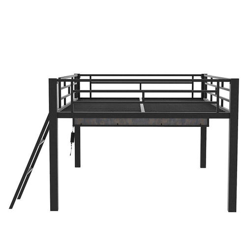 Full Size Gaming Mid Loft Bed with Desk, LED