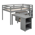 Gray Multiple Functions Twin Low Loft Bed with Cabinet, Shelves and Rolling Portable Desk