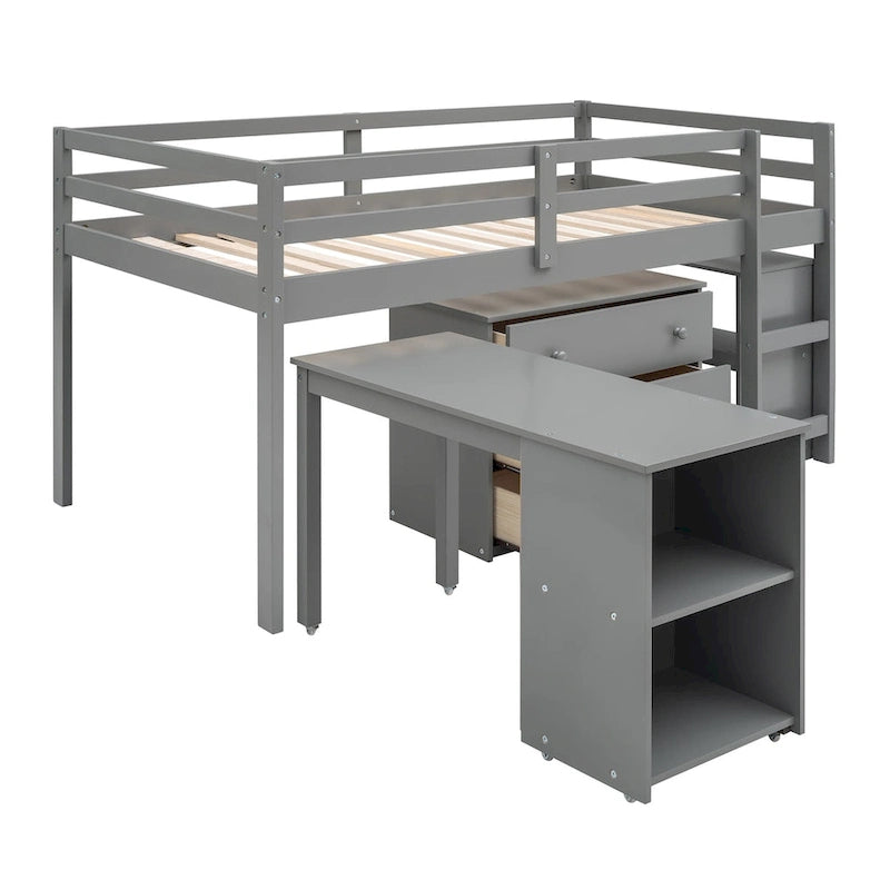 Gray Multiple Functions Twin Low Loft Bed with Cabinet, Shelves and Rolling Portable Desk