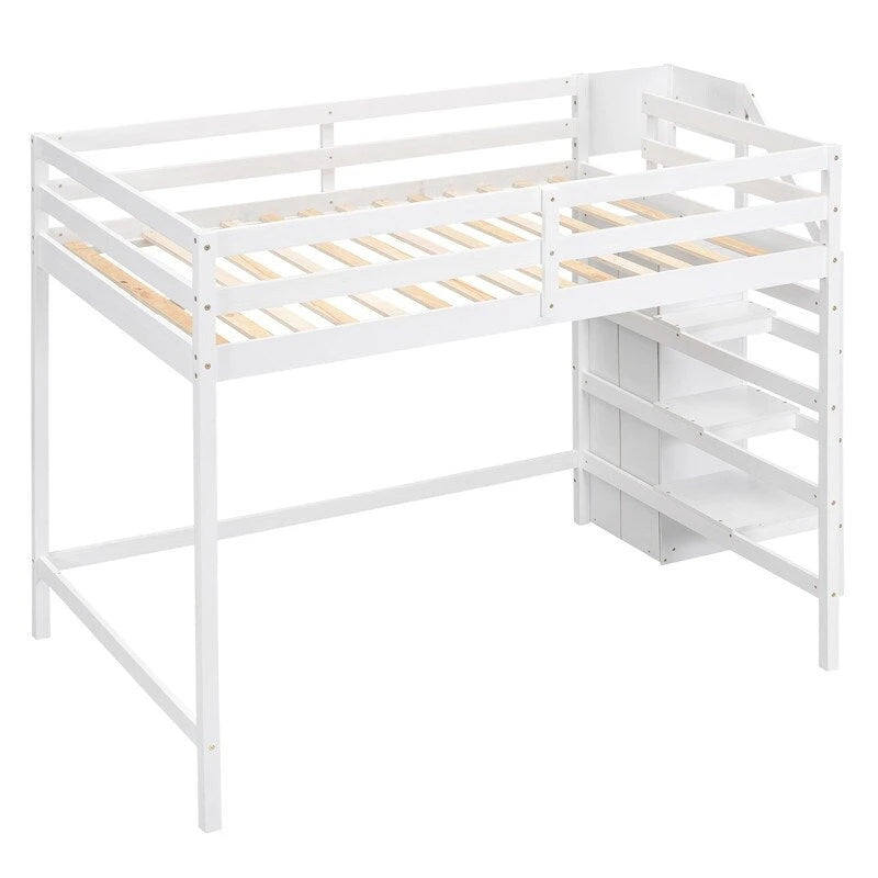 Wooden Full Size Loft Bed with Built-in Storage Wardrobe and Staircase