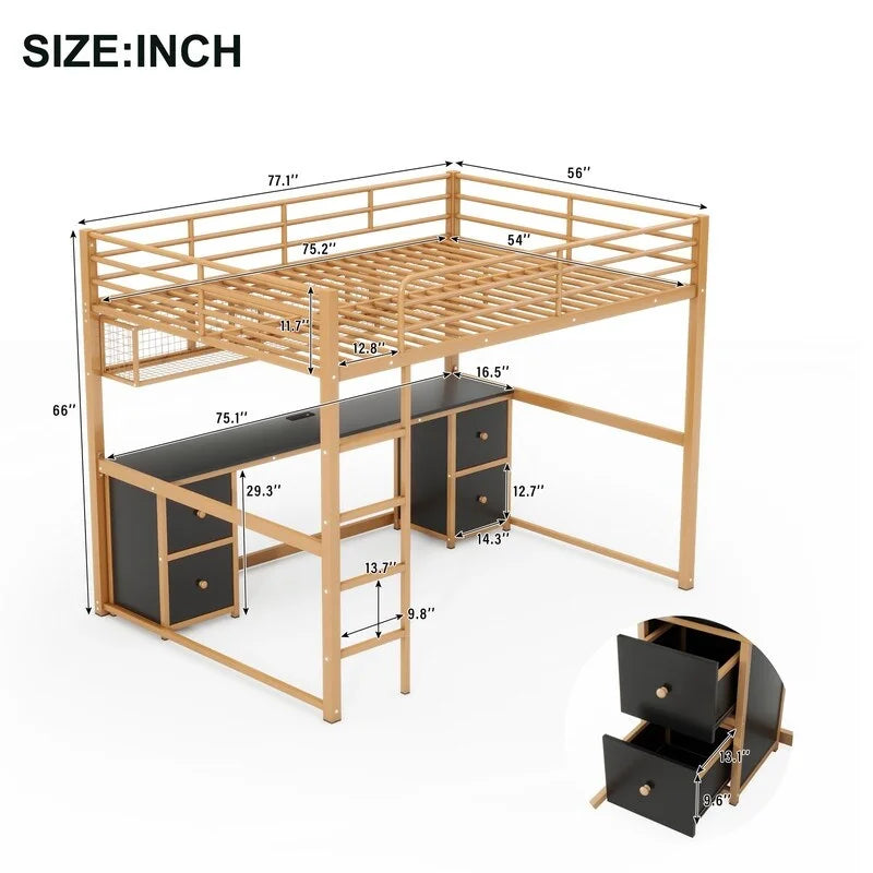 Full Size Metal Loft Bed with Desk, Cabinets, Drawers and Bedside Tray, Charging Station, USB and socket