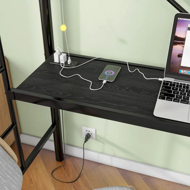 Twin Metal Loft Bed with Desk, Power Outlet and LED Lighted, Safety Guard & Ladder, No Box Spring Needed