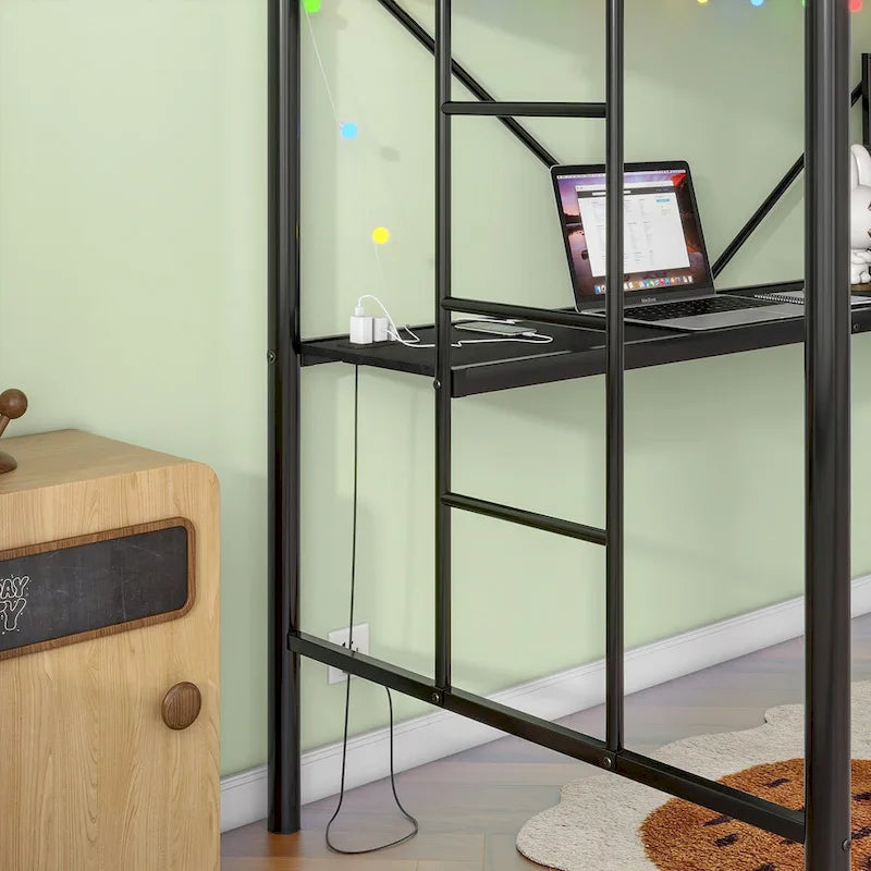 Twin Metal Loft Bed with Desk, Power Outlet and LED Lighted, Safety Guard & Ladder, No Box Spring Needed